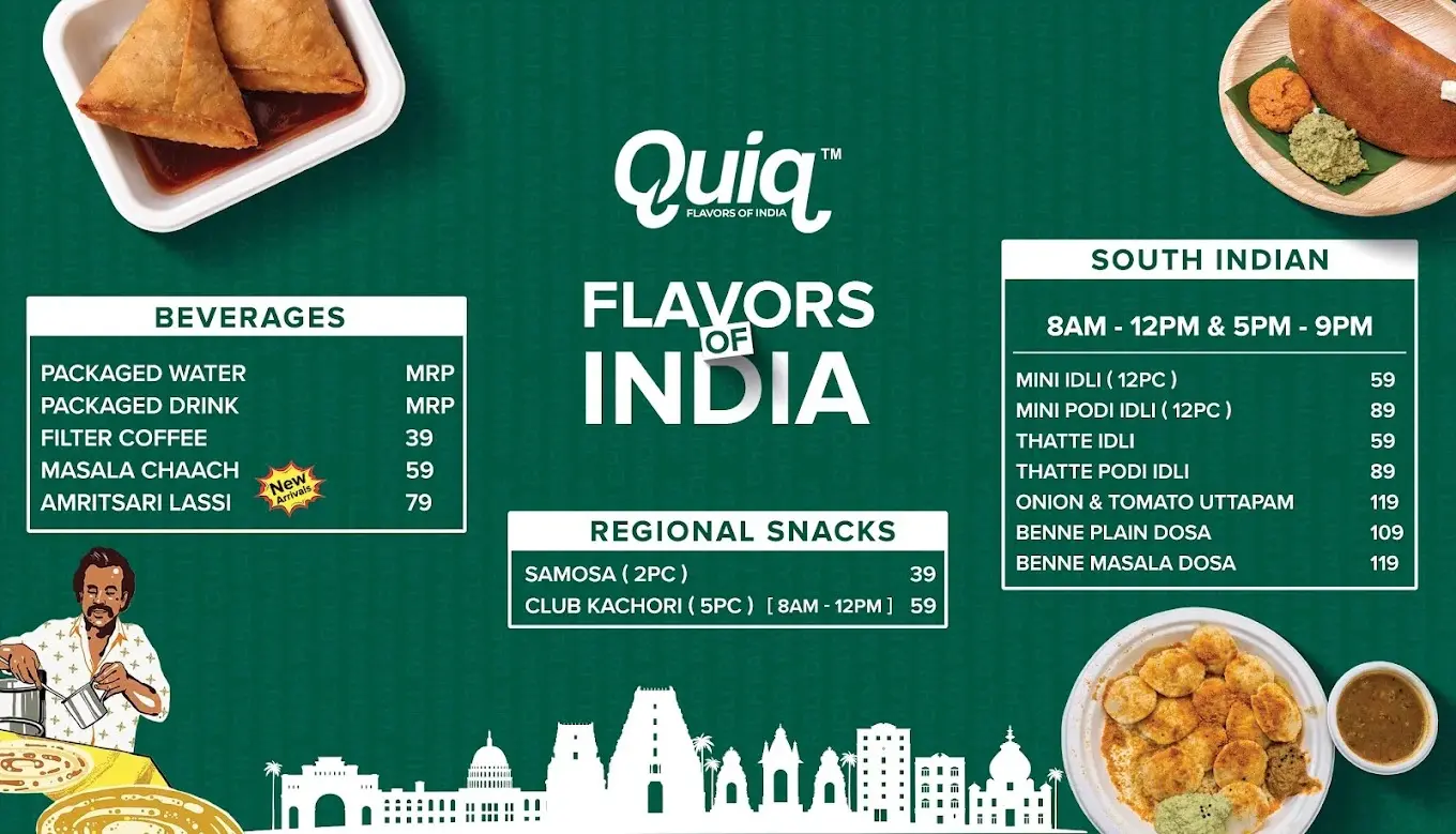 Quiq menu page with beverages, regional snacks and South Indian dishes with prices