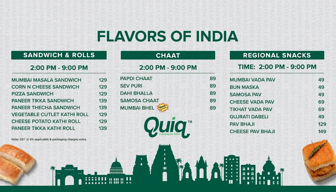 Quiq menu page with sandwiches, rolls, chaat and regional snacks with prices